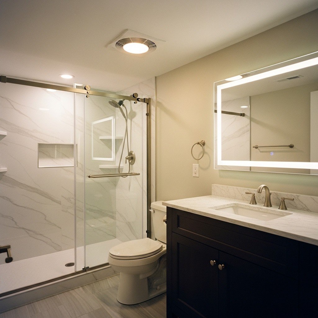 Basement Renovations & Remodels 4 A professional basement bathroom remodel by Bronze Ridge Contracting featuring a large walk-in shower with marble-patterned wall panels, a dark espresso vanity with a white stone top, and a modern rectangular LED backlit mirror. The room is finished with light-colored floor tiles and neutral warm-toned walls.
