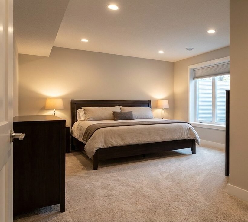 Basement Renovations & Remodels 3 A modern basement bedroom featuring a dark wood king-size bed, beige carpeting, and a large egress window. To the right, an open door reveals a private ensuite bathroom with a dark espresso vanity, a backlit circular mirror, and a white subway-tiled walk-in shower.