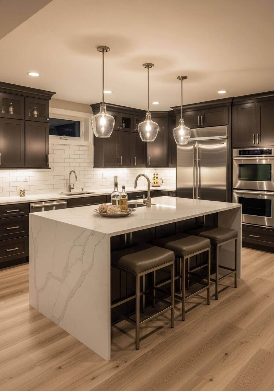 Basement Renovations & Remodels 1 Bronze Ridge Contracting LLC remodeling kitchens with new cabinets, countertops, flooring, and layouts for homeowners in Erie County PA. Kitchen Cabinet Replacements, Backsplash, countertops, new appliances, new window, new trim, new lights, new sink, new pantry all done by Bronze Ridge Contracting