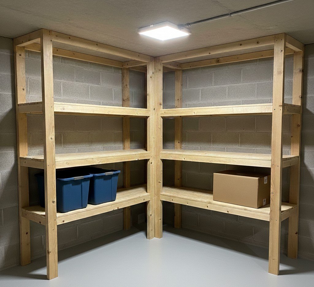 Basement Renovations & Remodels 7 A wide-angle shot of DIY L-shaped storage shelves made of unfinished 2x4 lumber in a basement with cinder block walls and a freshly painted light gray floor, illuminated by a modern square LED ceiling light.