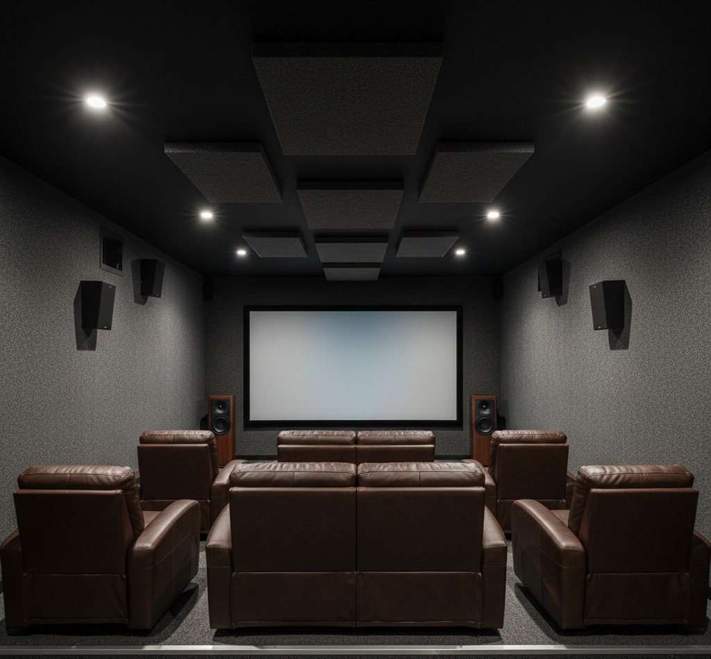 Basement Renovations & Remodels 5 Professional home theater installation in a custom-finished basement by Bronze Ridge Contracting, featuring tiered seating with leather loveseats and recliners, acoustic carpet walls, and high-end audio-visual equipment.
