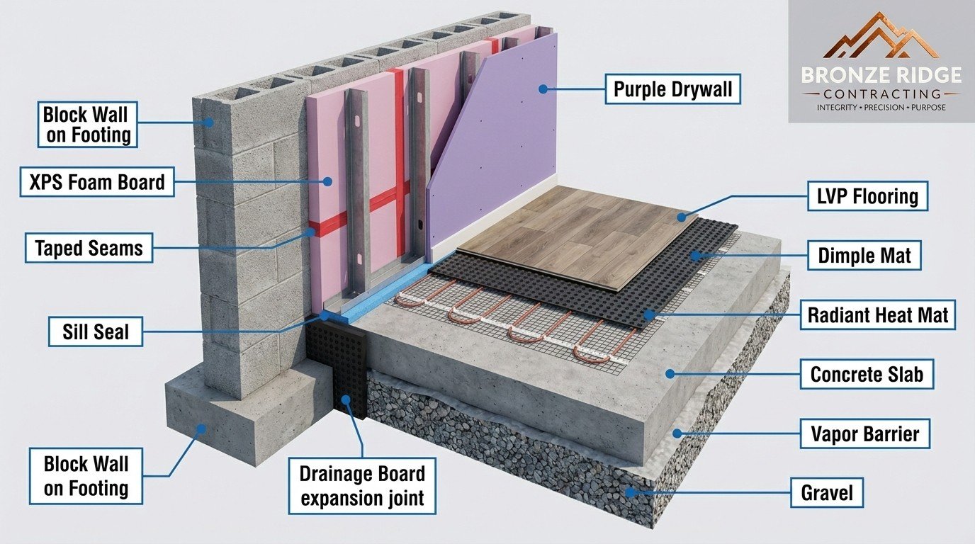 Basement Renovations & Remodels 8 Technical cross-section of a finished basement wall and floor with XPS foam, radiant heat, and LVP flooring.
