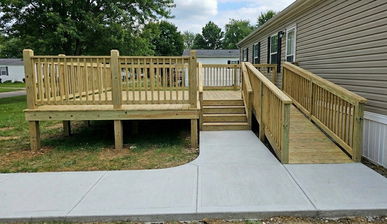 Professional pressure-treated wood deck with railings, stairs, and ADA-accessible ramp built by Bronze Ridge Contracting for a mobile home in Erie, PA, featuring a new poured concrete sidewalk and 4 x 4 post construction.