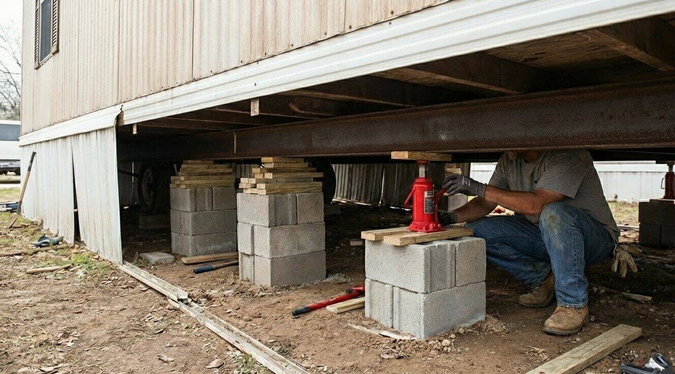A Bronze Ridge Contracting contractor using a red bottle jack and concrete block piers to level the steel I-beam frame of a mobile home.