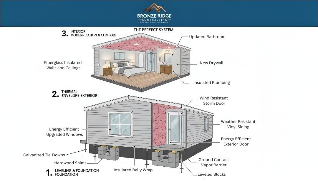 A three-step diagram of the Bronze Ridge Contracting Perfect System for mobile homes, featuring foundation leveling, thermal envelope upgrades, and interior modernization.