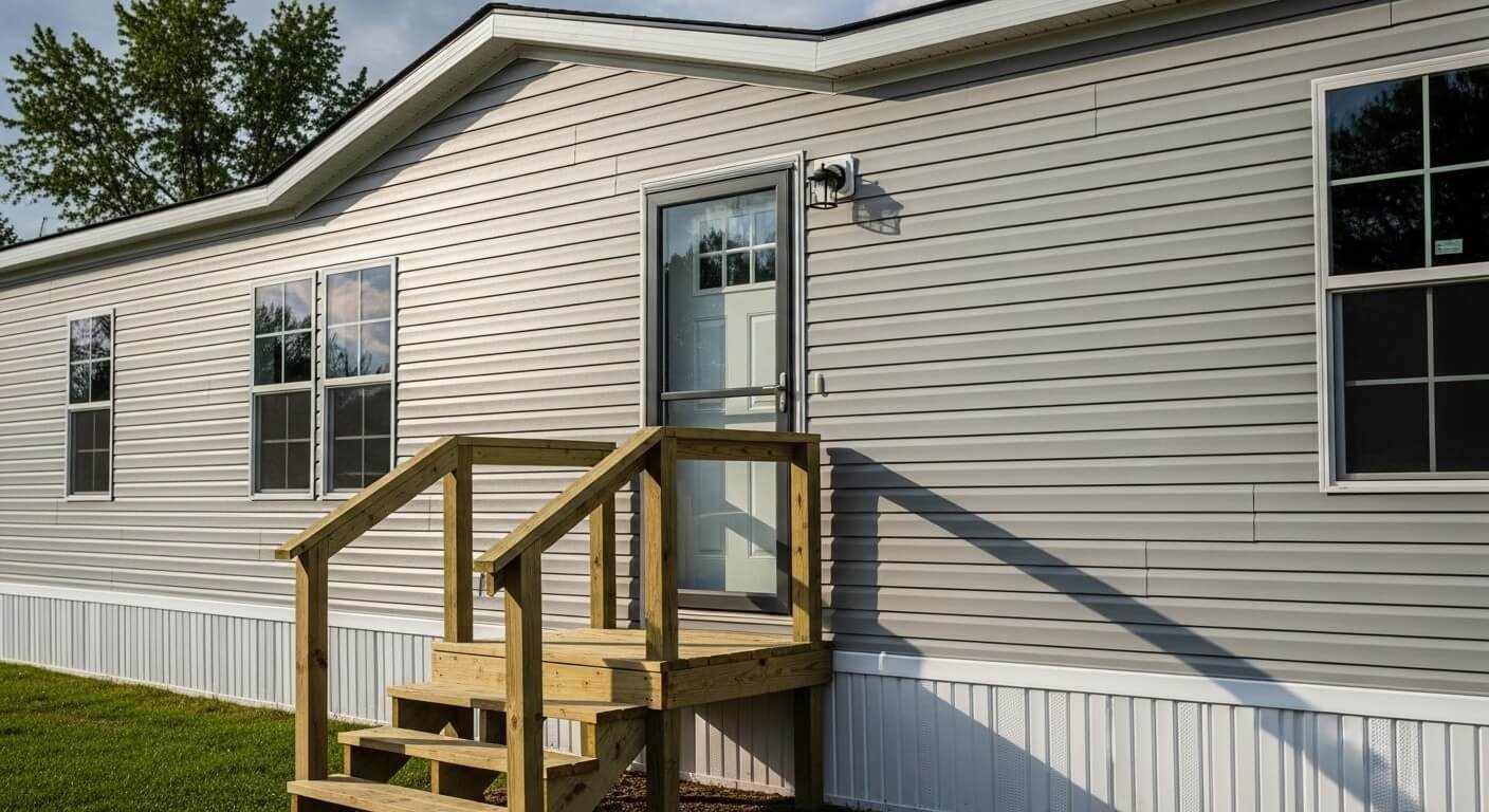 Professional exterior door installation and vinyl siding repair on a mobile home by Bronze Ridge Contracting.