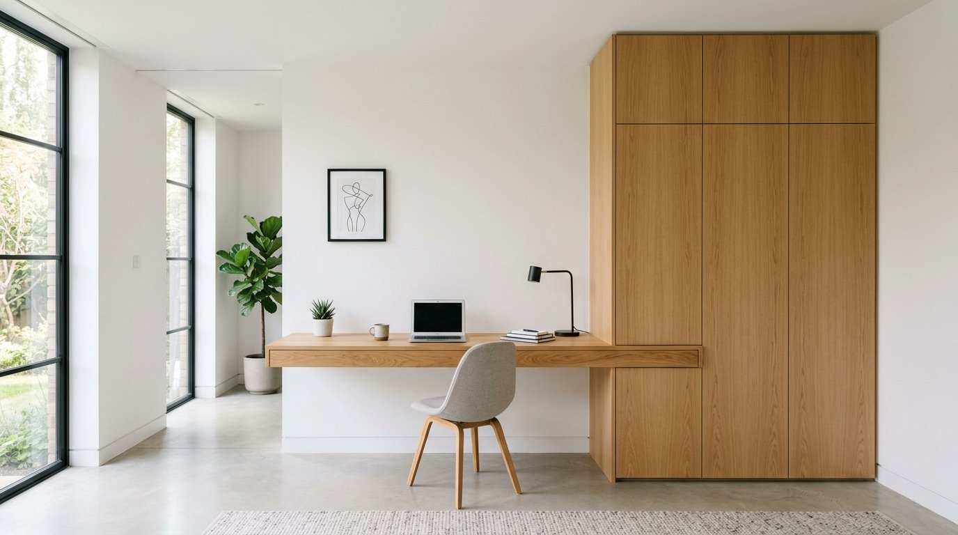 Sleek floating desk and custom cabinetry for home office organization.
