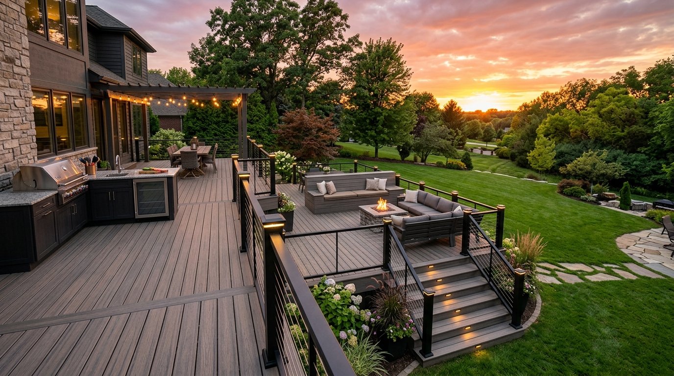 Luxury custom composite deck with black aluminum railings and outdoor lighting in Erie County.