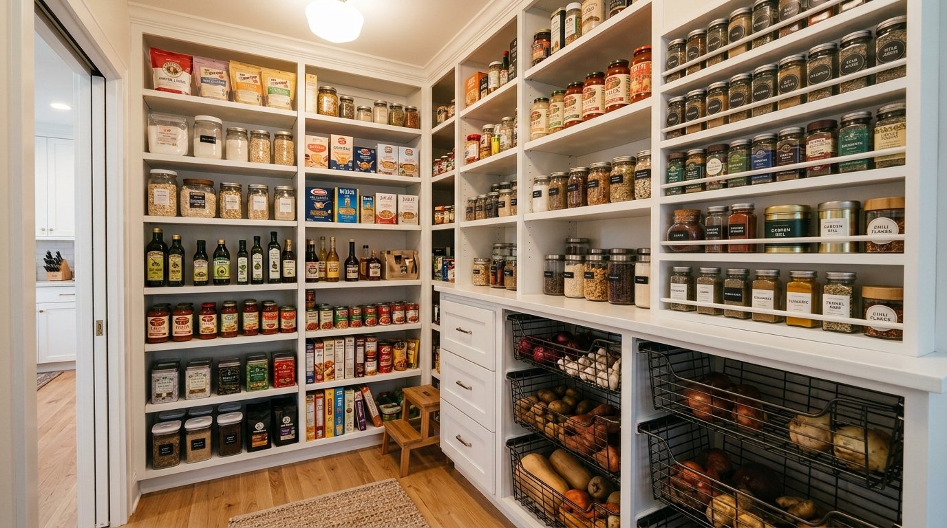 Organized kitchen pantry with custom wood shelves and pull-out baskets.