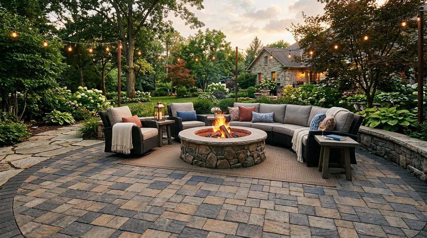 Hardscape paver patio with fire pit and stone seating wall.