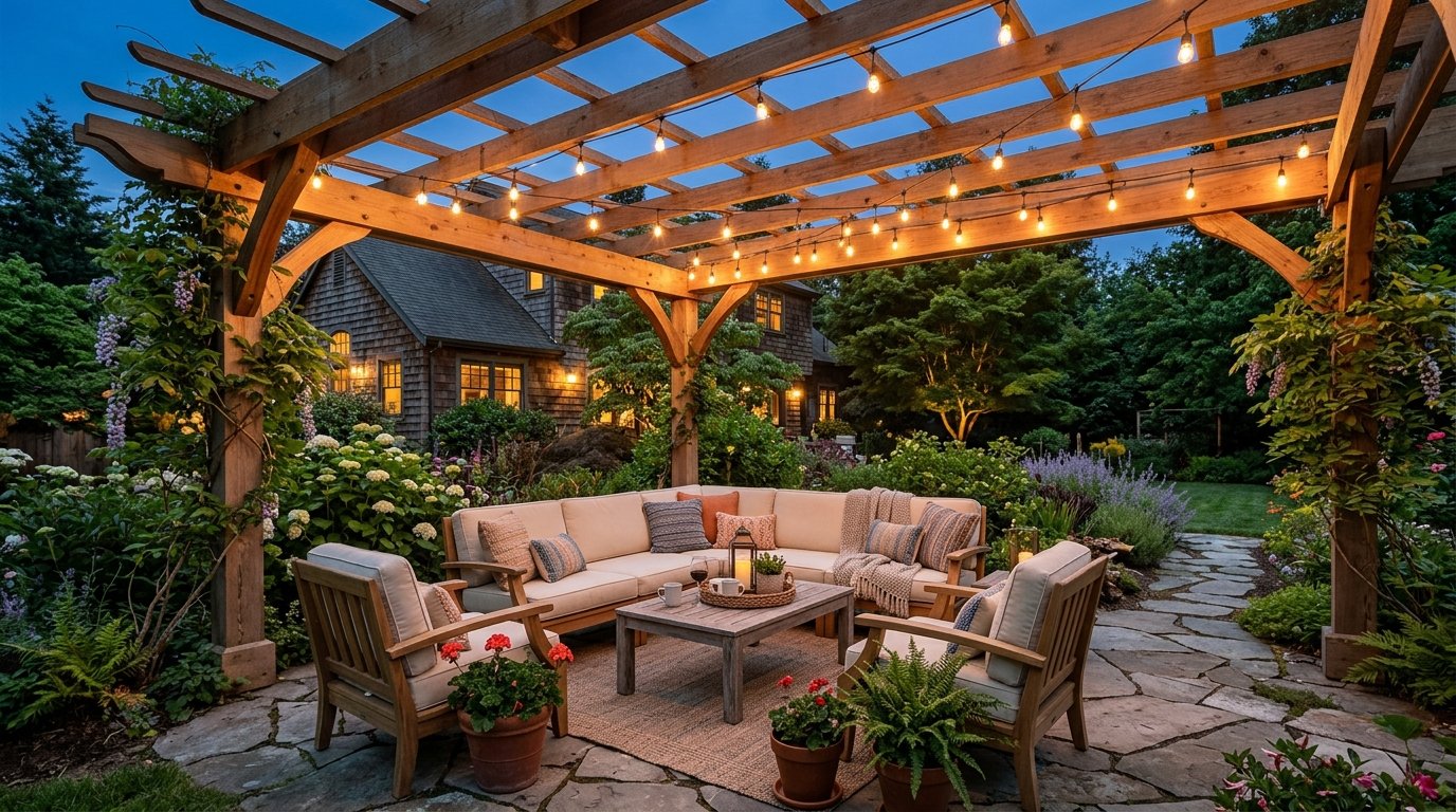 Custom wood pergola providing shade for an outdoor living area.