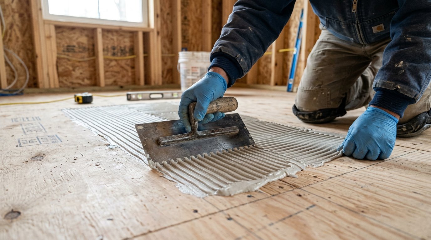 Flooring Installation 11 Professional installation of flooring adhesive being spread with a notched trowel over a plywood subfloor for high-performance bonding.