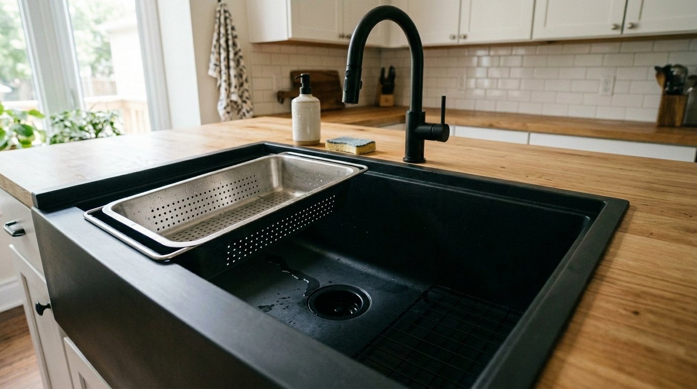 Kitchen Remodels & Renovations 7 Professional multi-tier black composite workstation sink with integrated ledges supporting a stainless steel colander and a securely set walnut cutting board in a modern kitchen.