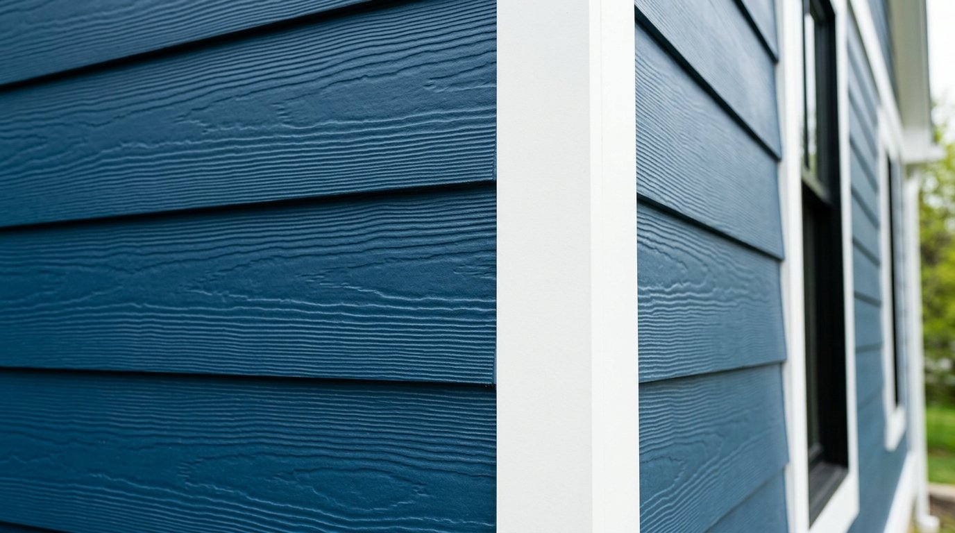 Close-up of blue fiber cement siding with realistic wood grain texture.