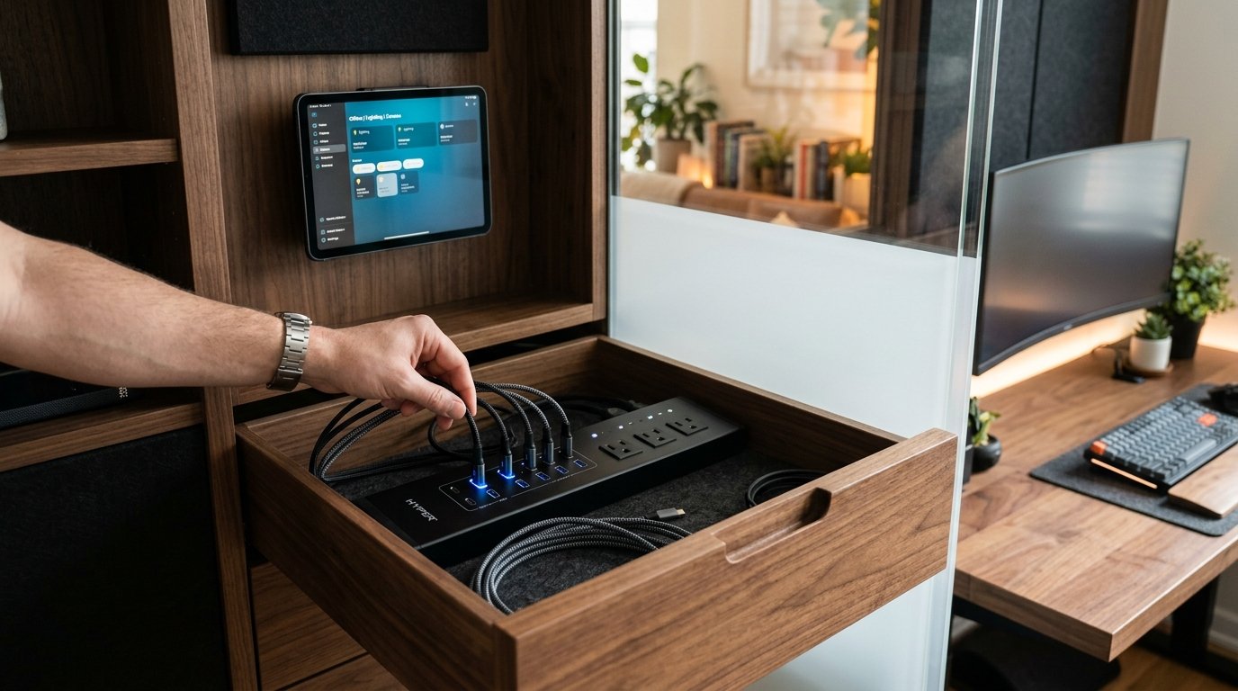 Integrated smart home technology and hidden power outlets in a modern office remodel.