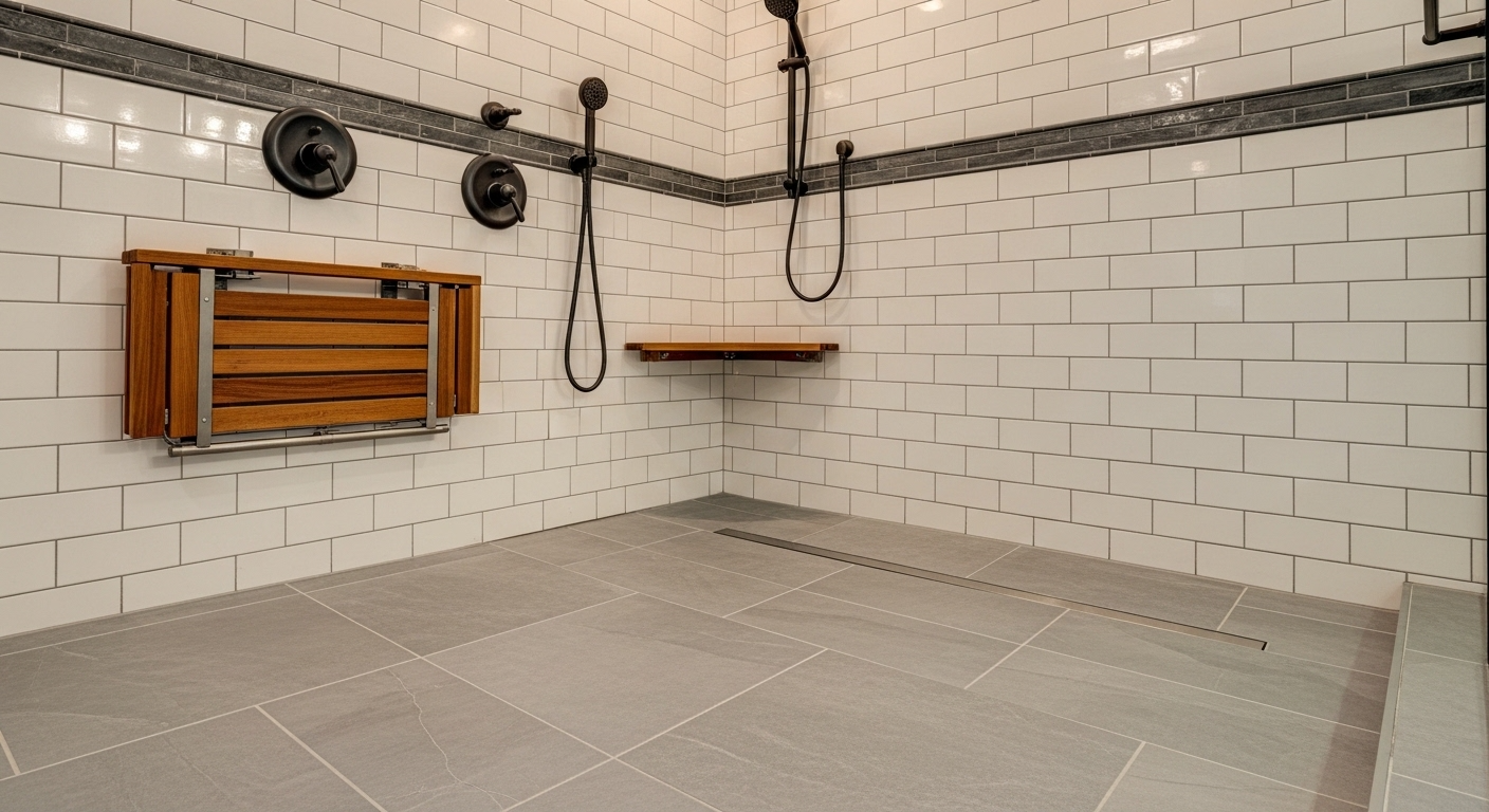 Accessibility & Aging-in-Place 3 A modern curbless walk-in shower conversion showing a zero-threshold entry and integrated non-slip tile.