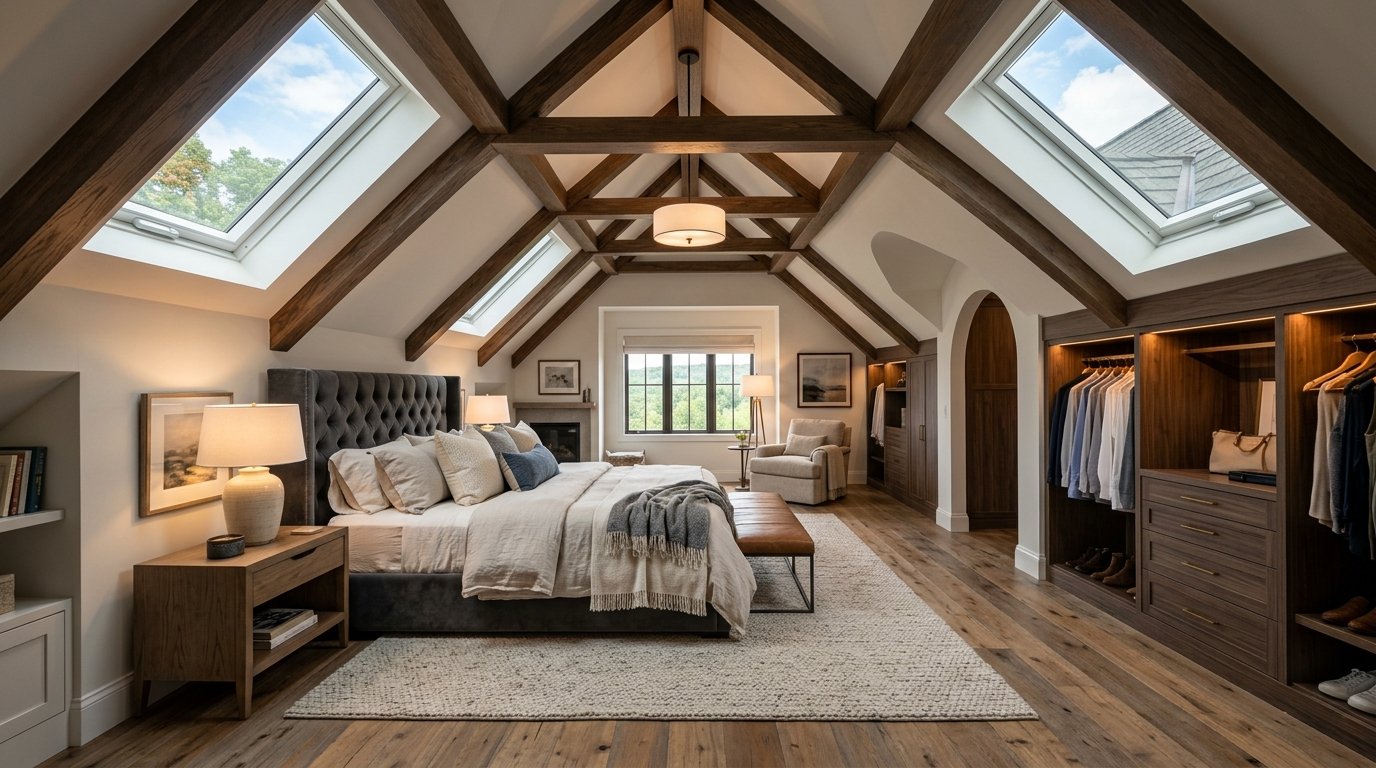 Attic Renovation & Finishing 2 Luxury attic master bedroom with skylights and integrated bathroom in a remodeled Erie County home.