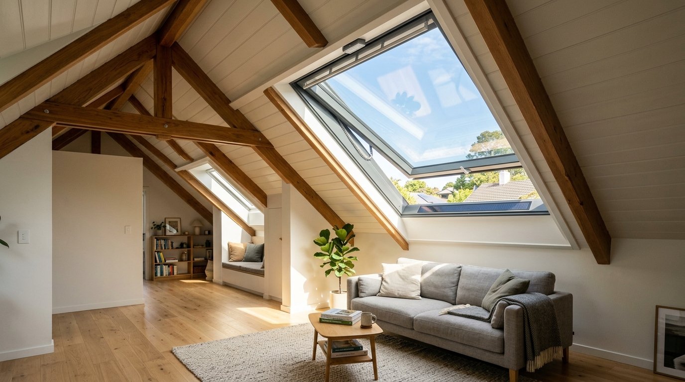 Attic Renovation & Finishing 6 A bright, spacious attic conversion with a vaulted ceiling and a large, high-performance, energy-efficient skylight.