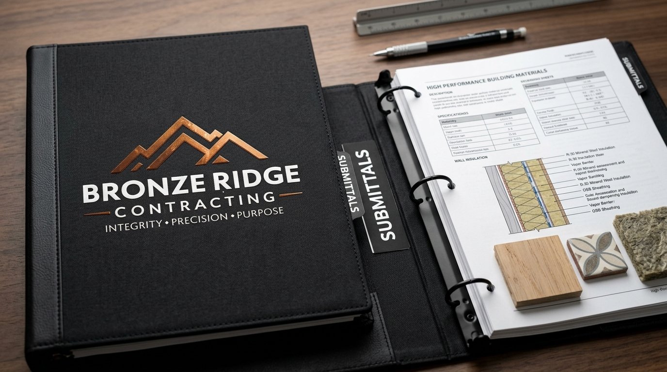Attic Renovation & Finishing 9 Professional close-up of the Bronze Ridge Contracting 'Submittals' binder with the company logo visible, showcasing insulation and flooring samples.