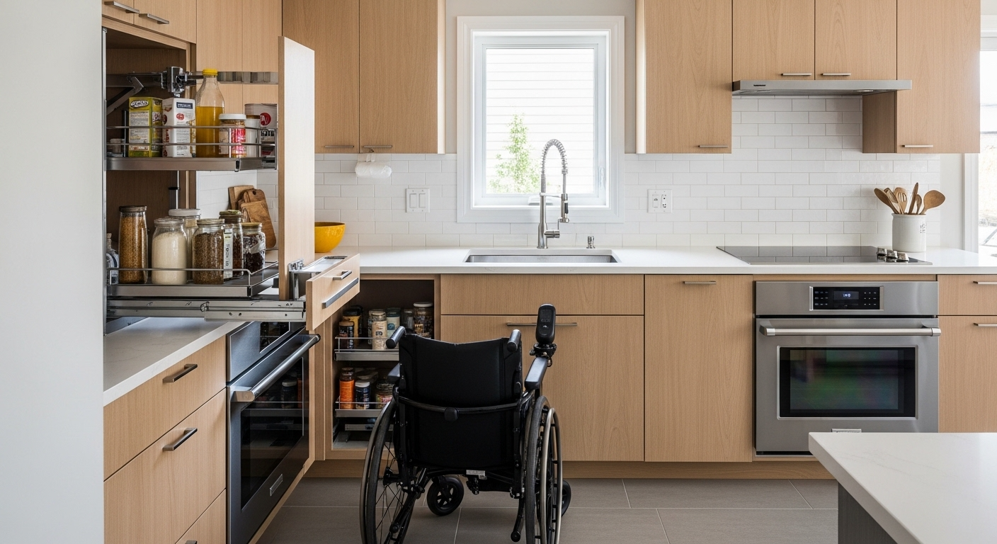 Accessibility & Aging-in-Place 6 An accessible kitchen showing lowered countertops for seated use and a pull-down upper cabinet system for easy reach.