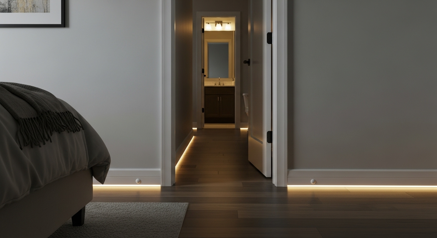 Accessibility & Aging-in-Place 9 Automated, motion-activated LED pathway lighting installed on a baseboard for nighttime safety for seniors.