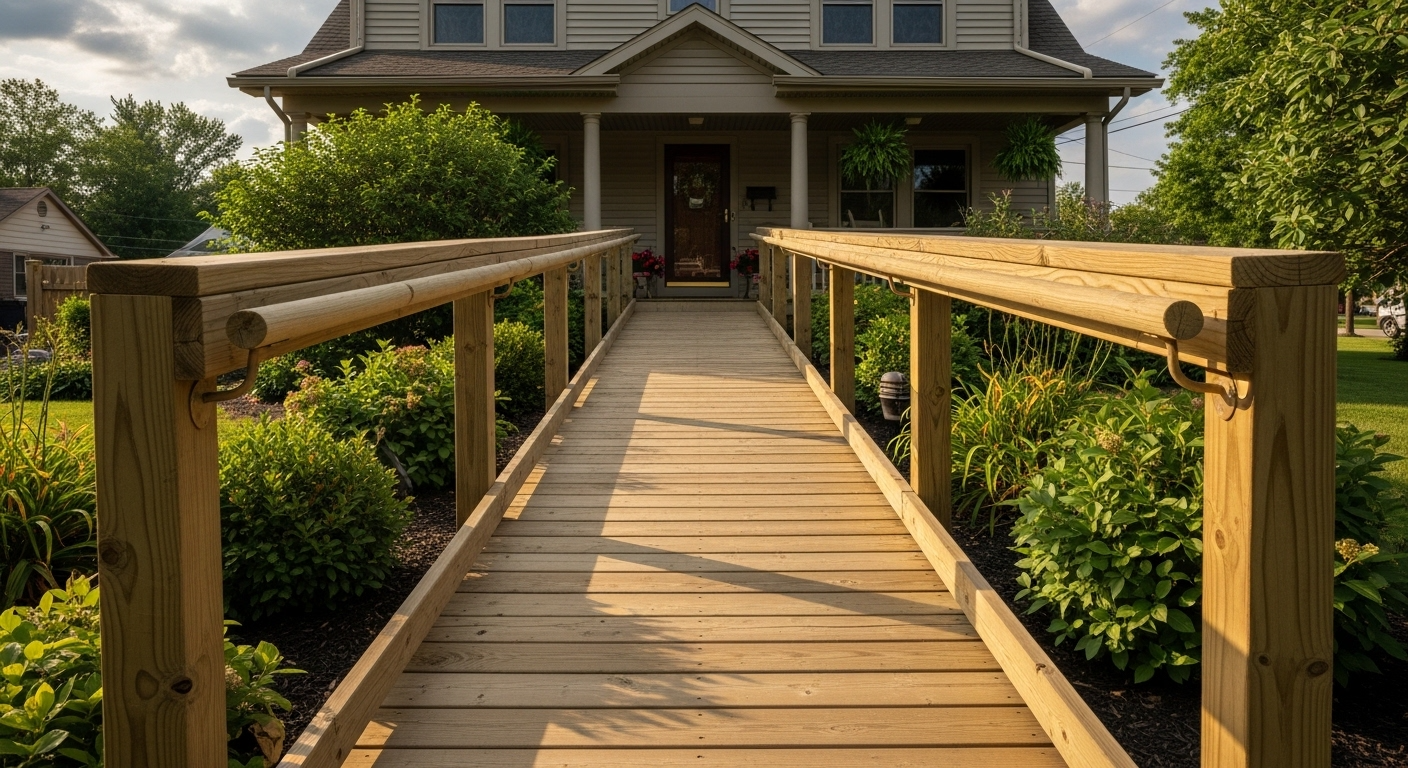 Accessibility & Aging-in-Place 5 A custom-built, code-compliant wood mobility ramp providing safe entryway access for an Erie County resident.